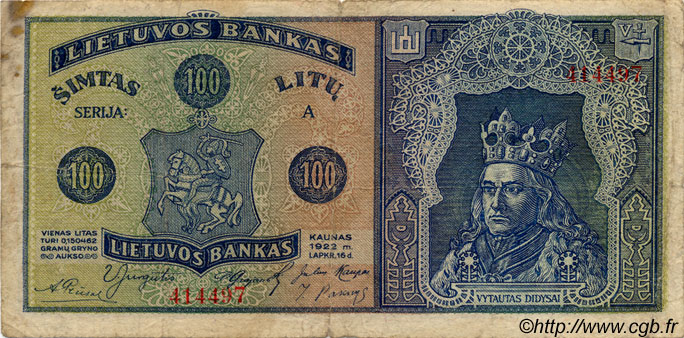 100 Litu LITUANIE  1922 P.20a B+