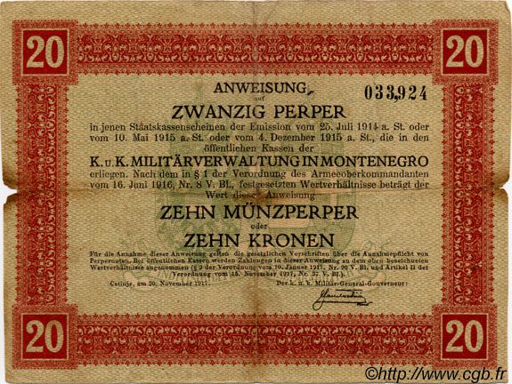 20 Perpera MONTENEGRO  1917 P.M.152 pr.TB