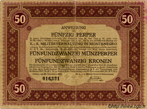 50 Perpera MONTENEGRO  1917 P.M.153 pr.TB