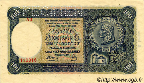 100 Korun Spécimen SLOVAQUIE  1940 P.11s SPL