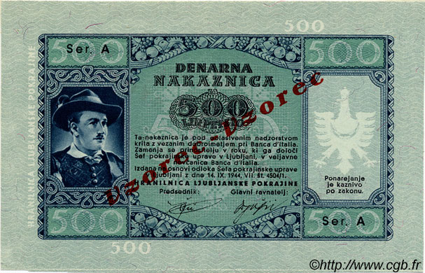 500 Lire Spécimen SLOVÉNIE Ljubljana 1944 P.R08s NEUF