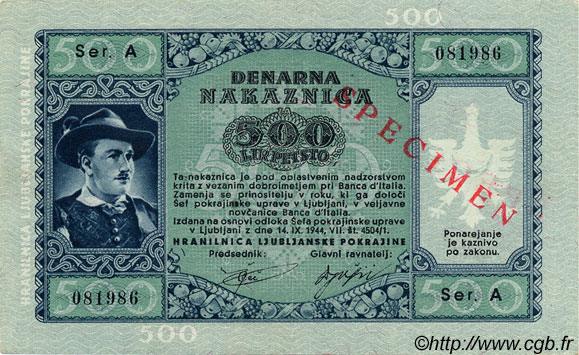 500 Lire Spécimen SLOVÉNIE Ljubljana 1944 P.R08s SPL