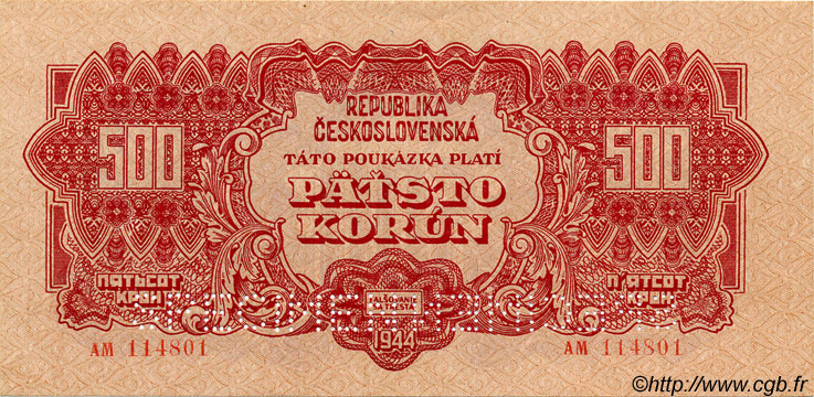 500 Korun Spécimen TCHÉCOSLOVAQUIE  1944 P.049bs SPL