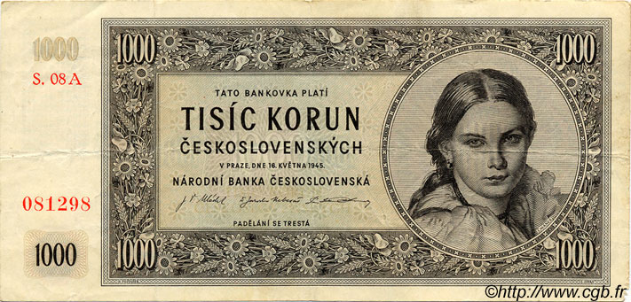 1000 Korun TCHÉCOSLOVAQUIE  1945 P.074a TB+