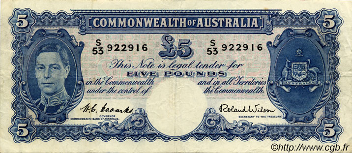 5 Pounds AUSTRALIE  1952 P.27d TTB+