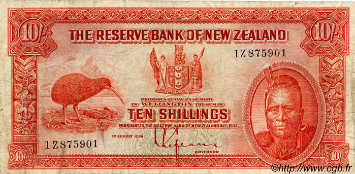 10 Shillings NOUVELLE-ZÉLANDE  1934 P.154 TB+