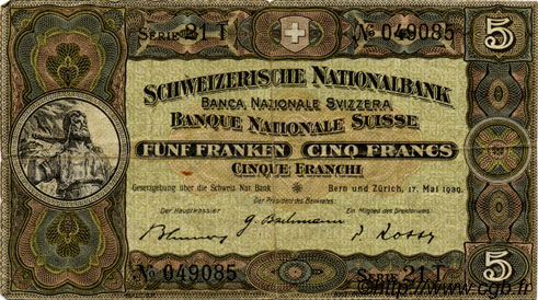 5 Francs SUISSE  1939 P.11i TTB