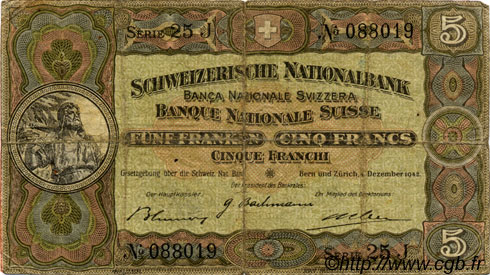 5 Francs SUISSE  1942 P.11j TB
