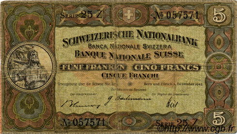 5 Francs SUISSE  1942 P.11j TB