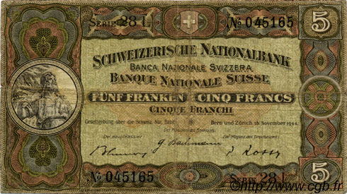 5 Francs SUISSE  1944 P.11k TB