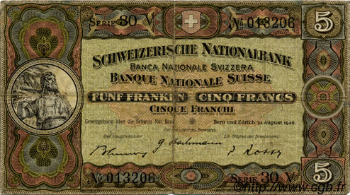 5 Francs SUISSE  1946 P.11l TB