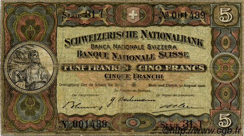 5 Francs SUISSE  1946 P.11l TB+