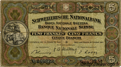 5 Francs SUISSE  1947 P.11m B+