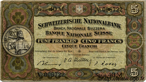 5 Francs SUISSE  1949 P.11n TB+
