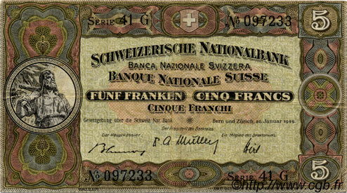5 Francs SUISSE  1949 P.11n TTB