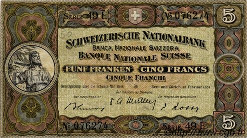 5 Francs SUISSE  1951 P.11o TTB+