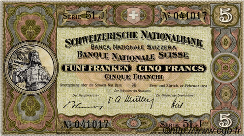 5 Francs SUISSE  1951 P.11o SPL