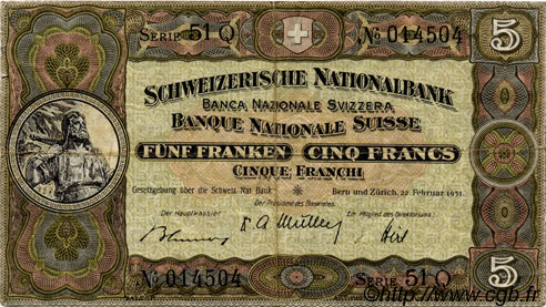 5 Francs SUISSE  1951 P.11o TB+