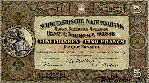 5 Francs SUISSE  1952 P.11p pr.NEUF