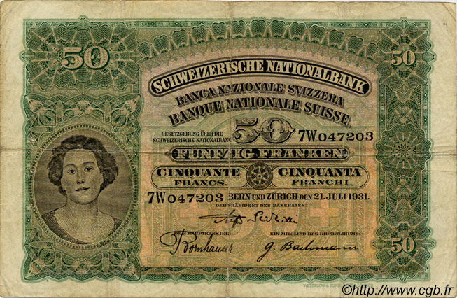 50 Francs SUISSE  1931 P.34f TB