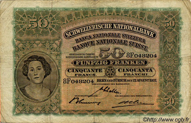 50 Francs SUISSE  1937 P.34g TB