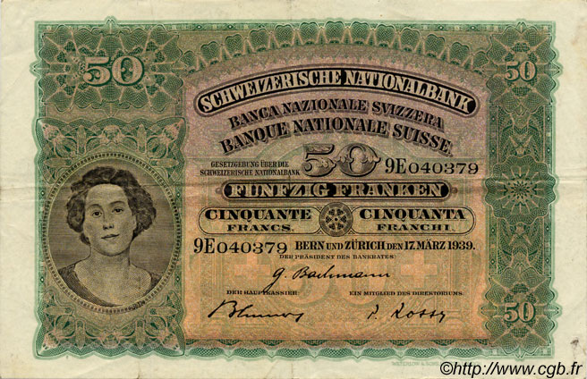 50 Francs SUISSE  1939 P.34i TTB