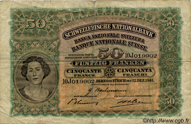 50 Francs SUISSE  1941 P.34l TB