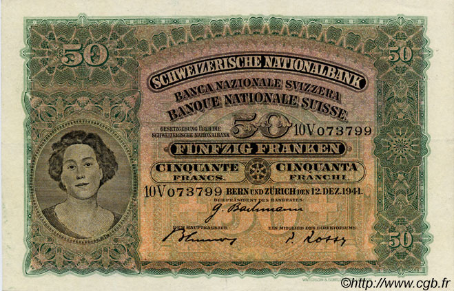 50 Francs SUISSE  1941 P.34l SUP