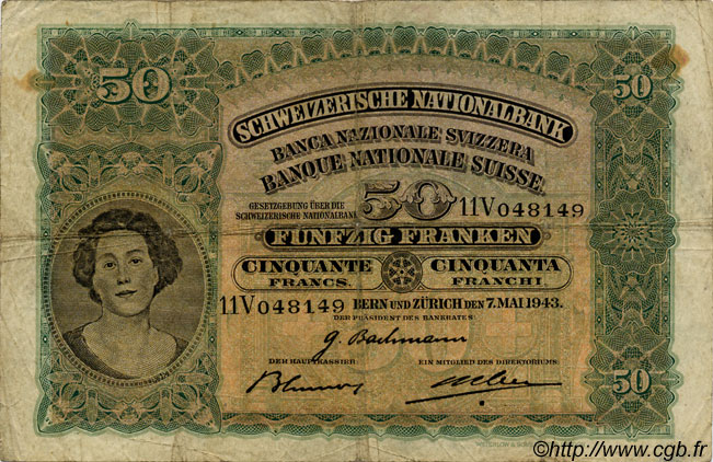50 Francs SUISSE  1943 P.34n TB