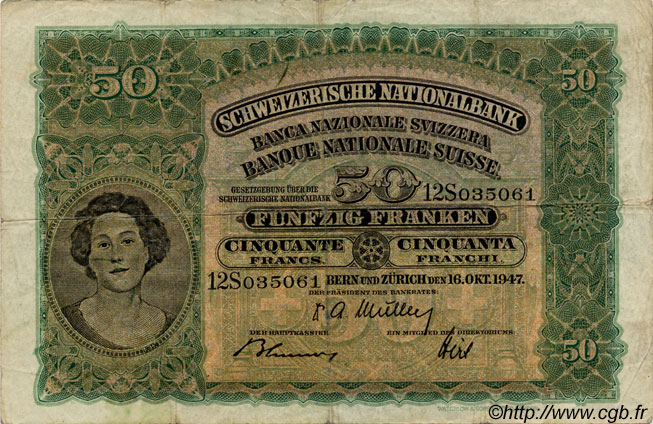 50 Francs SUISSE  1947 P.34o pr.TTB