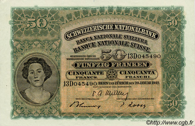 50 Francs SUISSE  1949 P.34p SUP+