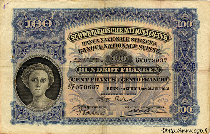100 Francs SUISSE  1931 P.35g TB