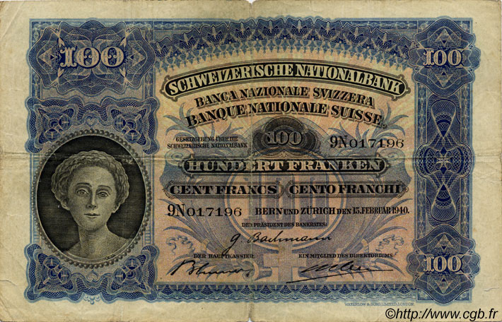 100 Francs SUISSE  1940 P.35m TB