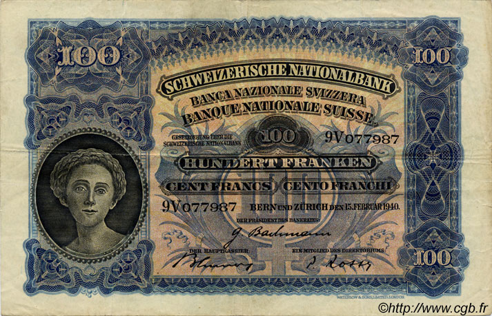 100 Francs SUISSE  1940 P.35m TTB