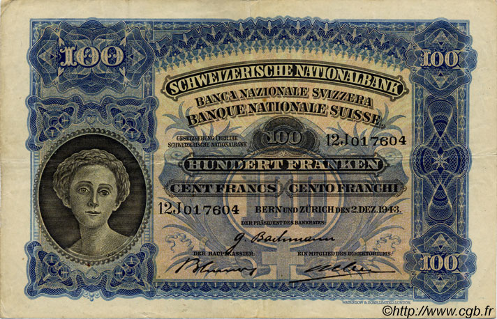 100 Francs SUISSE  1943 P.35q TTB