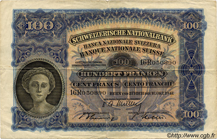 100 Francs SUISSE  1947 P.35u TB+