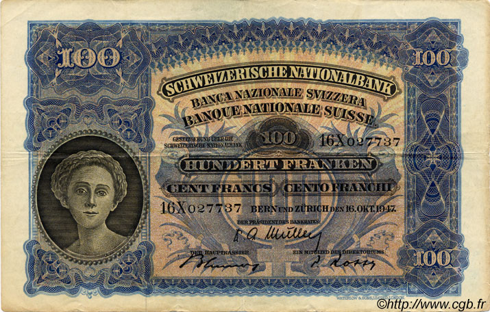 100 Francs SUISSE  1947 P.35u TTB