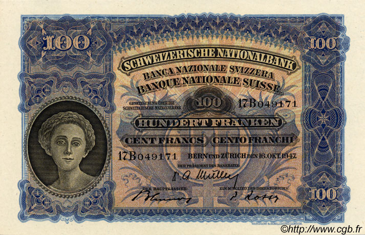 100 Francs SUISSE  1947 P.35u SPL