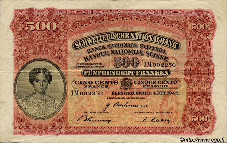 500 Francs SUISSE  1942 P.36d TTB