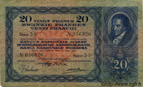 20 Francs SUISSE  1931 P.39c TB