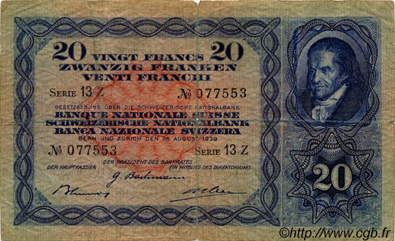 20 Francs SUISSE  1939 P.39i TB