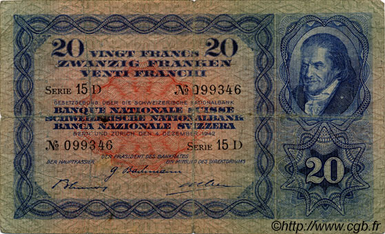 20 Francs SUISSE  1942 P.39l B+