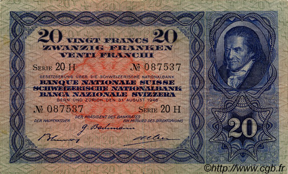 20 Francs SUISSE  1946 P.39o TTB