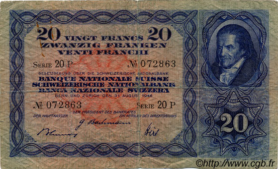 20 Francs SUISSE  1946 P.39o TB