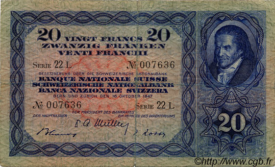 20 Francs SUISSE  1947 P.39p TB