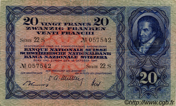 20 Francs SUISSE  1947 P.39p TTB
