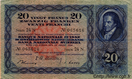 20 Francs SUISSE  1949 P.39q TB+