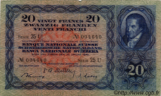 20 Francs SUISSE  1949 P.39q TB
