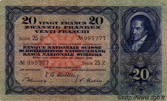 20 Francs SUISSE  1949 P.39q TTB