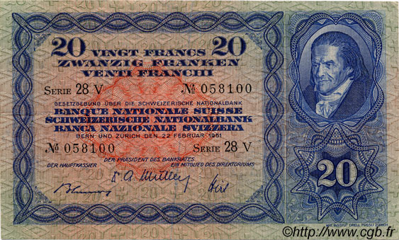 20 Francs SUISSE  1951 P.39s TTB